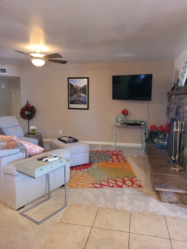 TV, fireplace, DVD player, books