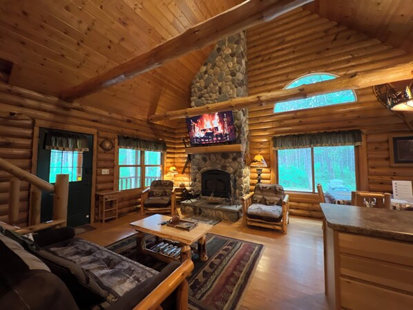 Smart TV, fireplace, video games, DVD player