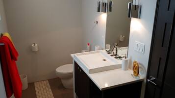Shower, hair dryer, bathrobes, towels