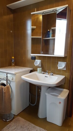 Een haardroger, handdoeken, zeep, shampoo