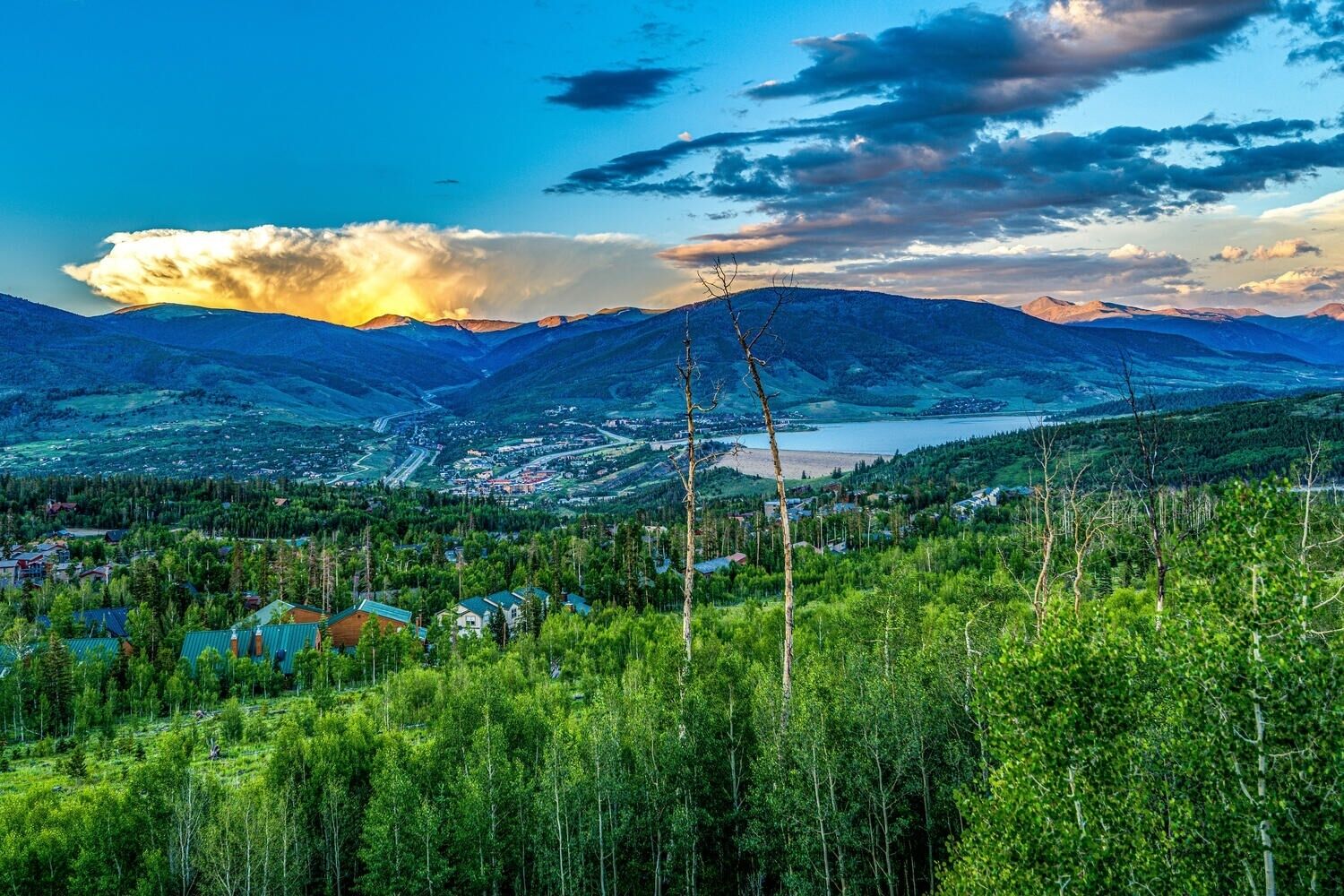 A mountainous landscape with a town in the valley, surrounded by dense forests.