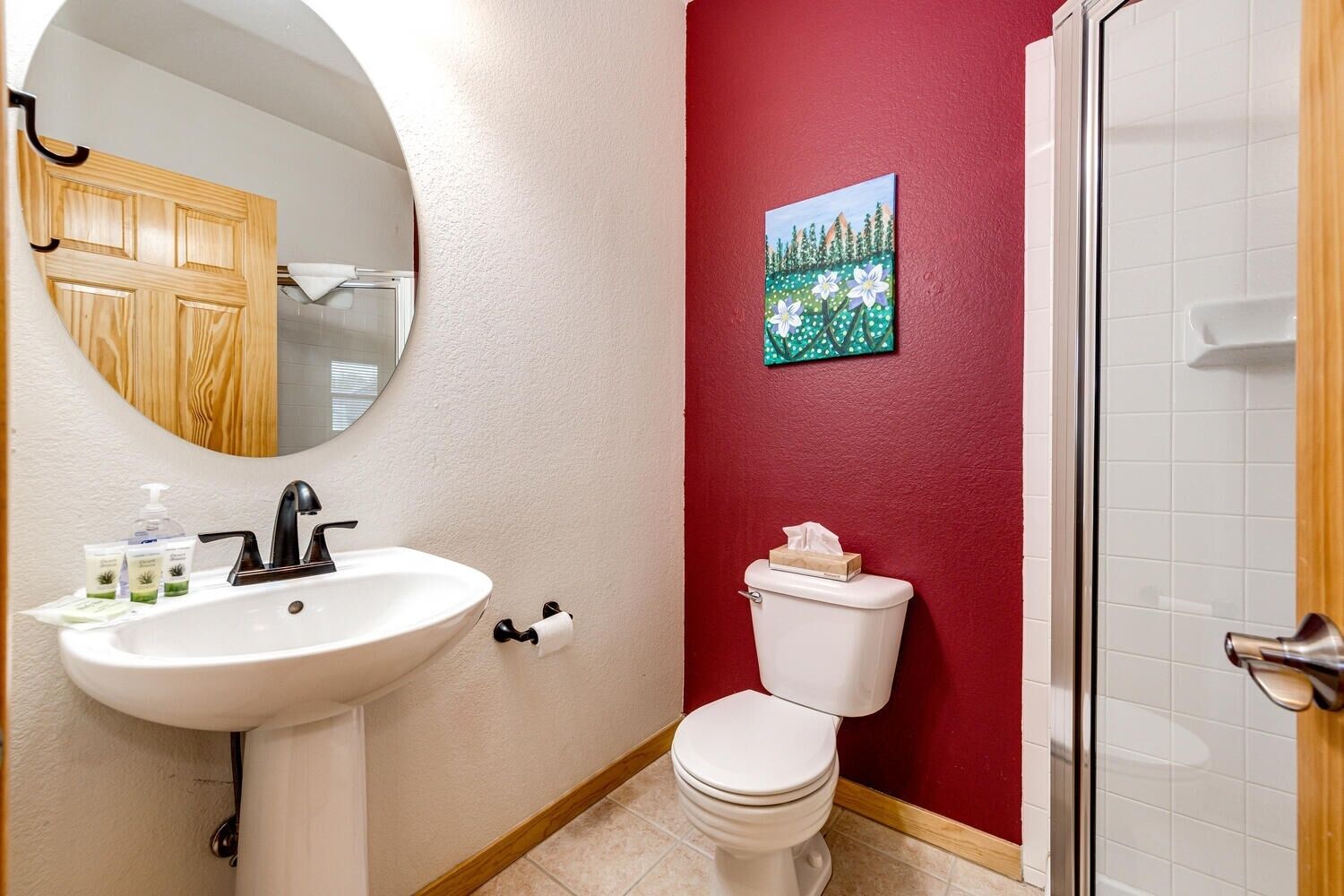 Een badkamer met een wit wastafel, toilet en douche. Boven de wastafel hangt een spiegel en aan de muur een schilderij.