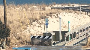 A parking area with blue parking space markings, a wooden fence, and a beach in the background. - Enjoy beautiful ocean views. Just park your car and have a very relaxing stay. (Harvey Cedars)
