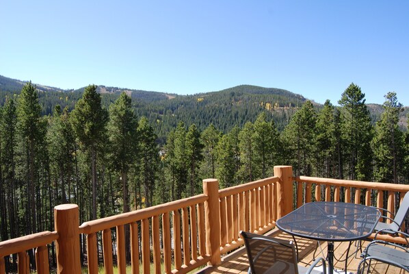 Eine Holzterrasse mit Tisch und Stühlen, mit Blick auf ein bewaldetes Gebirge.