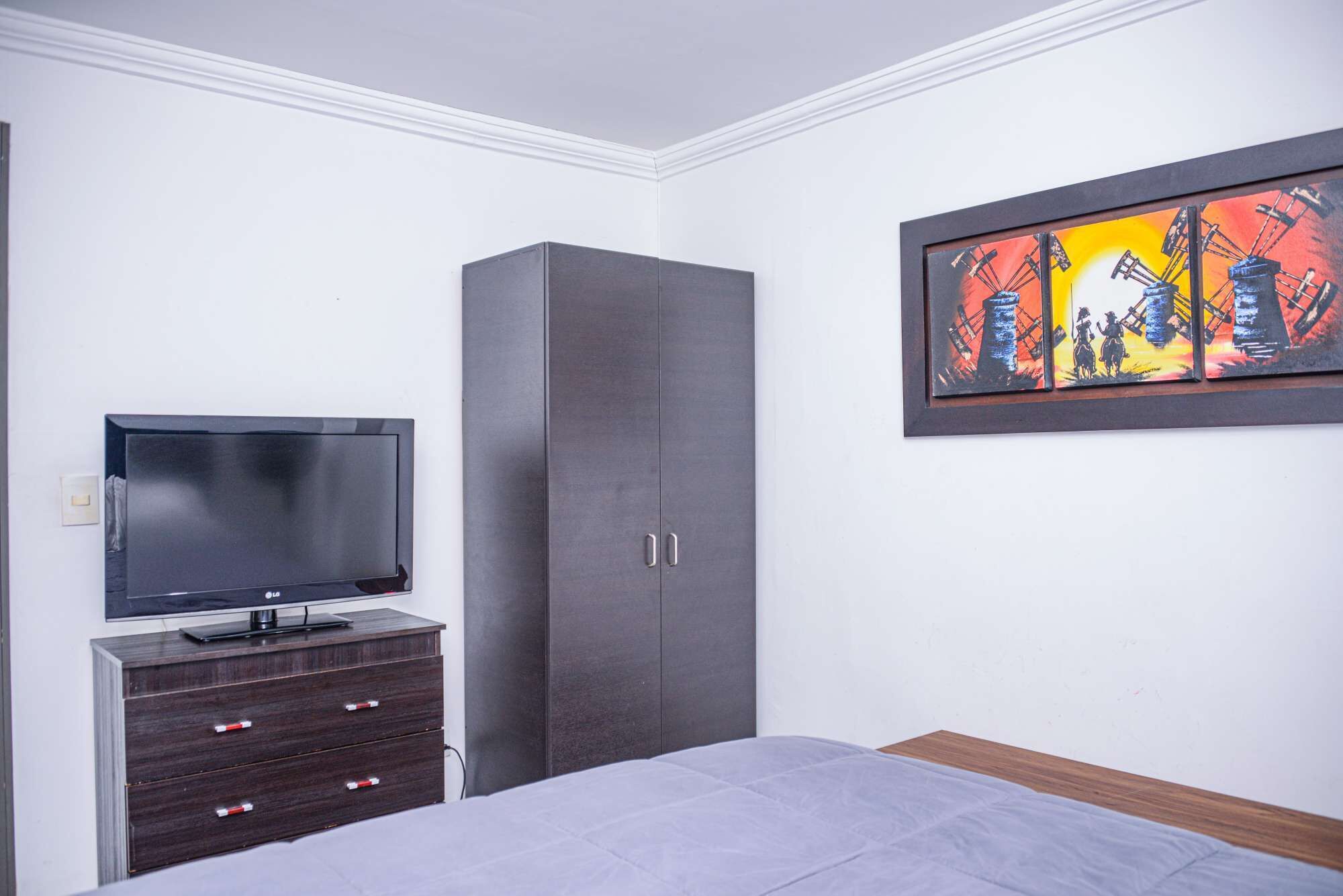 A bedroom with a bed, a TV on a dresser, a wardrobe, and a painting on the wall.