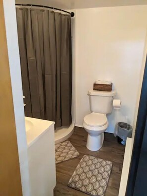 Ein kleines Badezimmer mit Toilette, Duschvorhang, Mülleimer und gemusterten Teppichen.