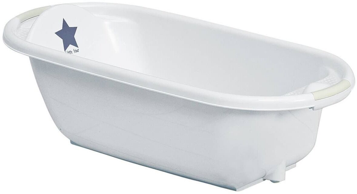 Une baignoire pour bébé blanche, avec un motif en forme d’étoile sur le couvercle.