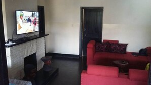 A living room with a television, a red sofa, a fireplace, and a door. - Manja Lodge (Zomba)