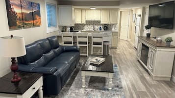 Smart TV, fireplace, video games, DVD player