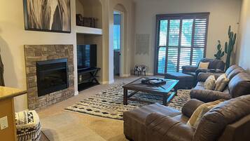 TV, fireplace, books