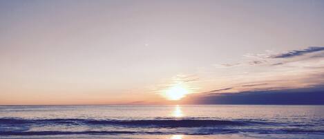 Nära stranden och solstolar