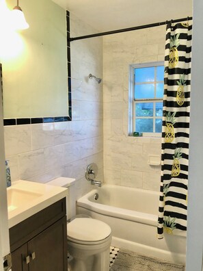 Combined shower/bathtub, hair dryer, towels, soap