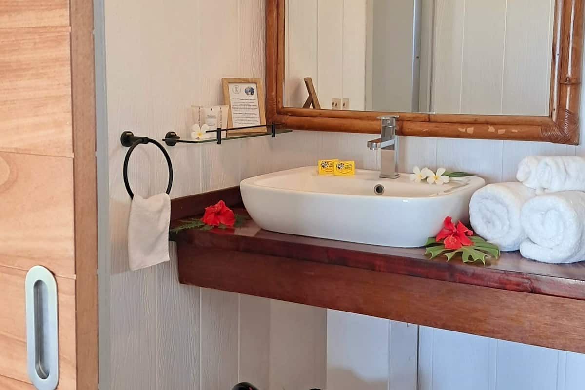 tropical room | bathroom | shower, hair dryer, towels, soap