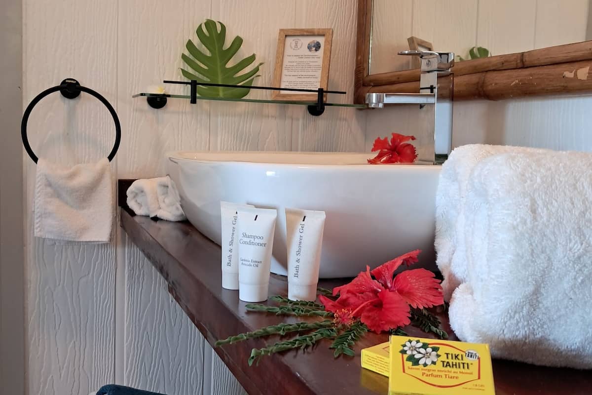 garden room | bathroom | shower, hair dryer, towels, soap