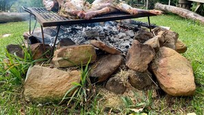 A large, whole pig roasting over an open fire with rocks and logs underneath.