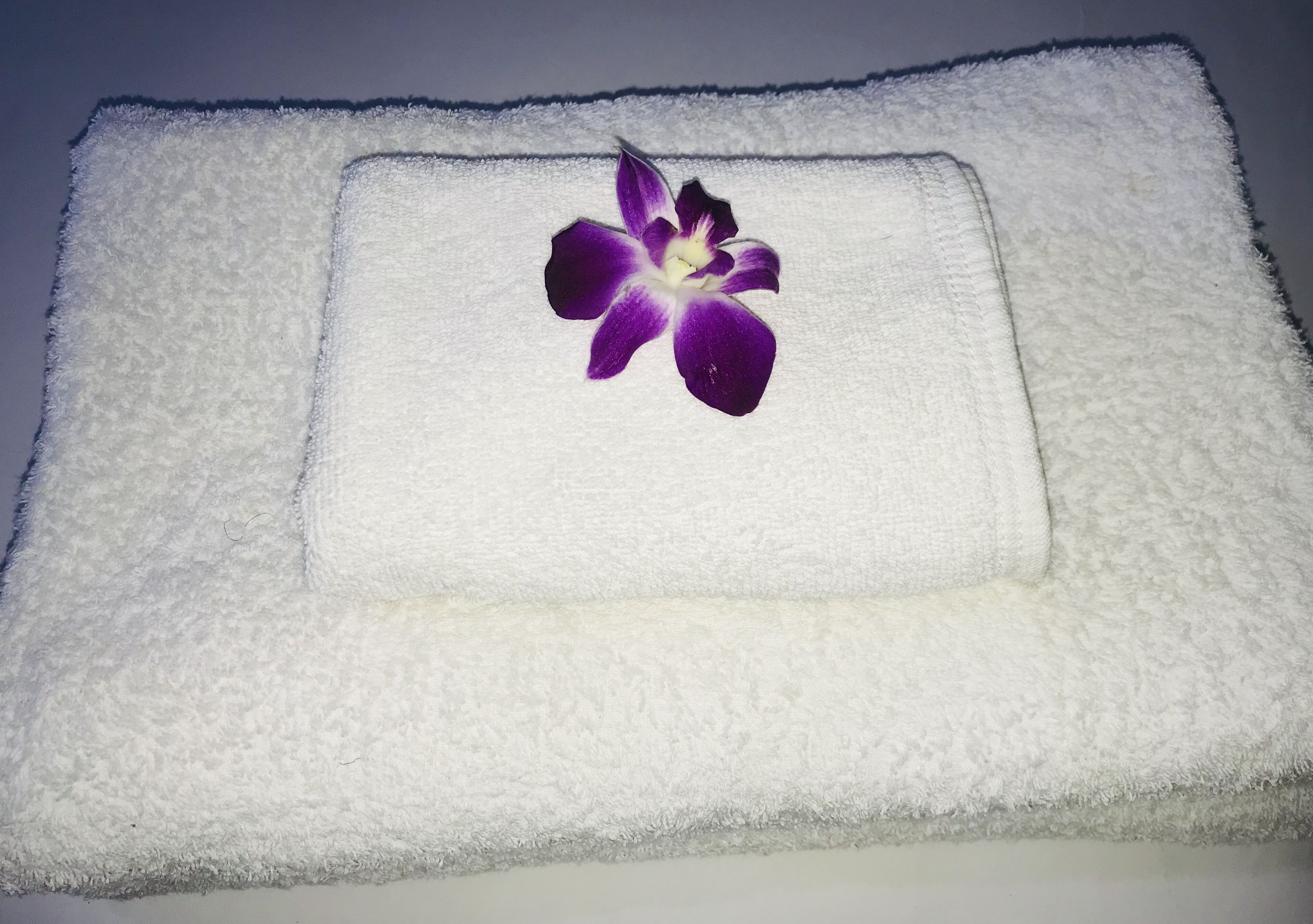 A white towel with a purple flower on it.