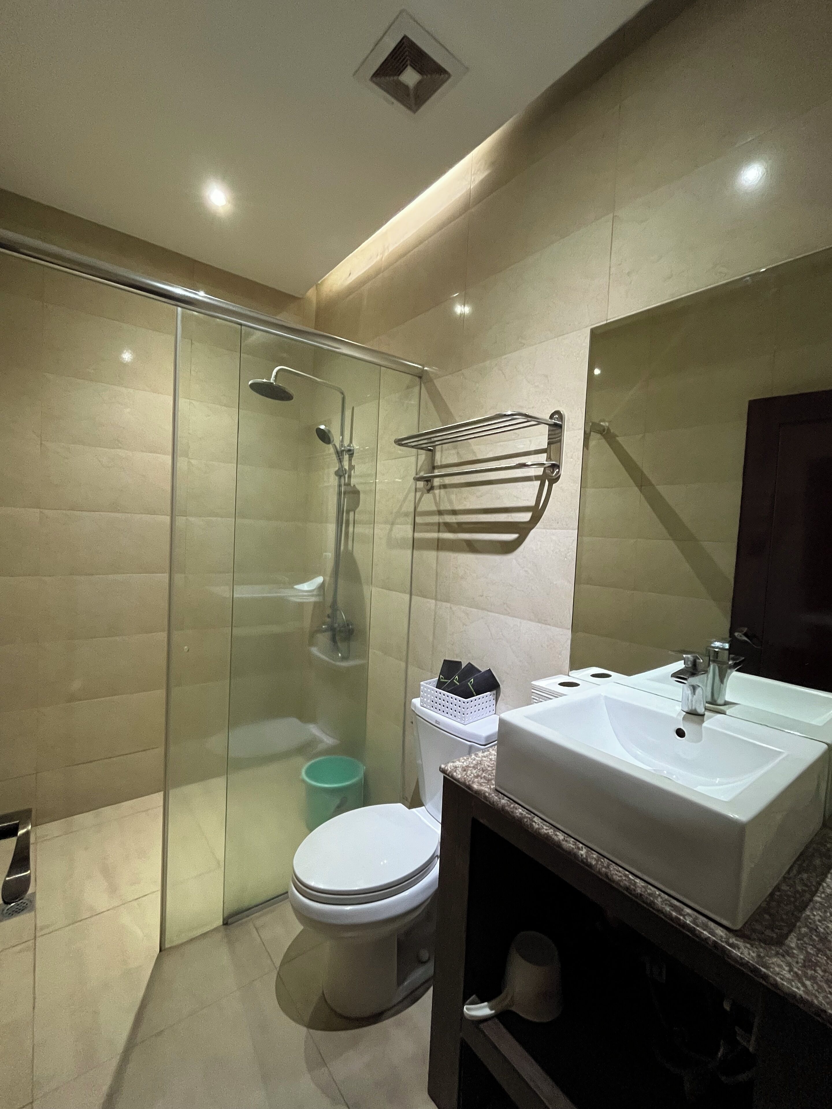 A modern bathroom with a glass-enclosed shower, a white toilet, and a large sink with a mirror above it.