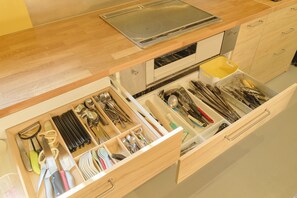 Ryokan Style Private Vacation Home | Private kitchen | Full-size fridge, microwave, stovetop, coffee/tea maker