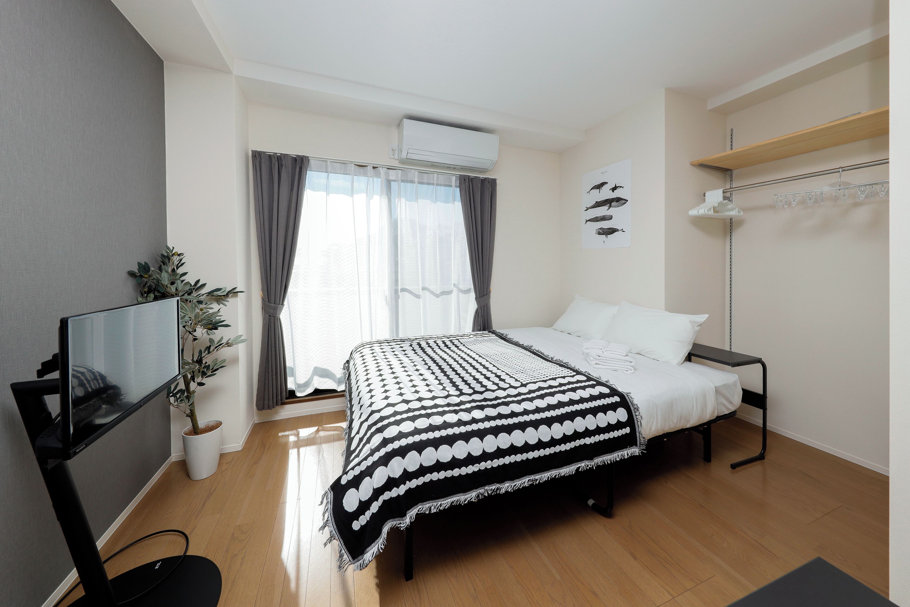 A bedroom with a bed, a TV, a plant, and a window with curtains.