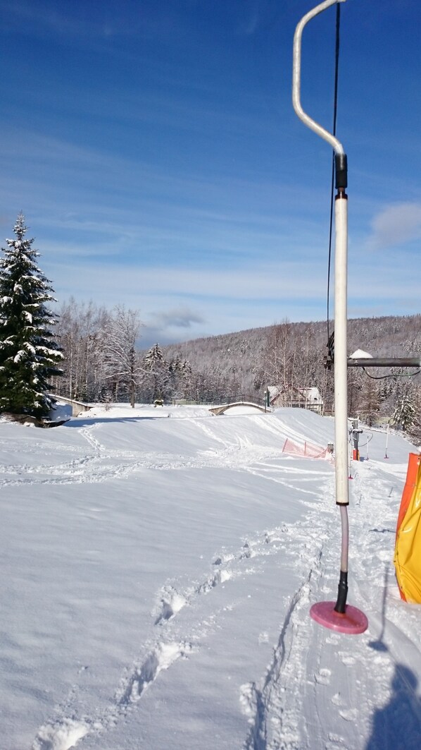 Une piste de ski enneigée, un ciel dégagé, un arbre recouvert de neige et un pont en arrière-plan.