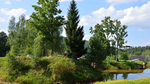 A serene riverside landscape with lush greenery, a small bridge, and a calm water body. - Hotel Chojnik (Podgorzyn)
