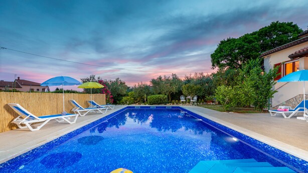A swimming pool with lounge chairs and umbrellas, surrounded by a wooden fence and greenery. - Pool, grill, WiFi, bicycles, billiards, dishwasher, washing machine (Loborika)