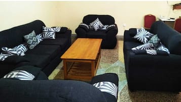 Comfort Apartment | Living room | 28-inch flat-screen TV with satellite channels, TV