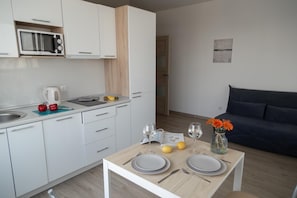 Full-sized fridge, microwave, stovetop, dishwasher