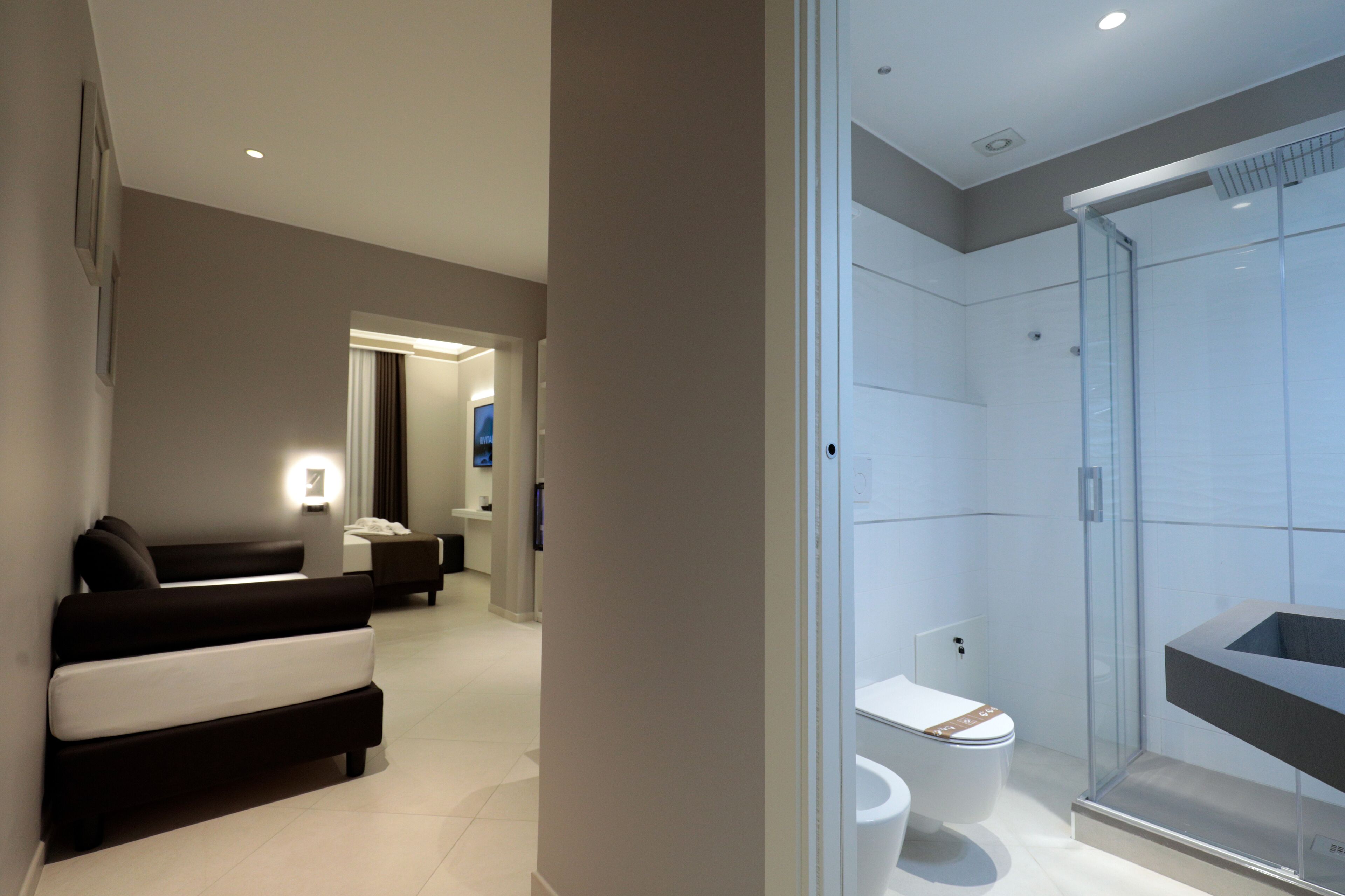 A modern bathroom with a glass shower enclosure, a toilet, and a sink.