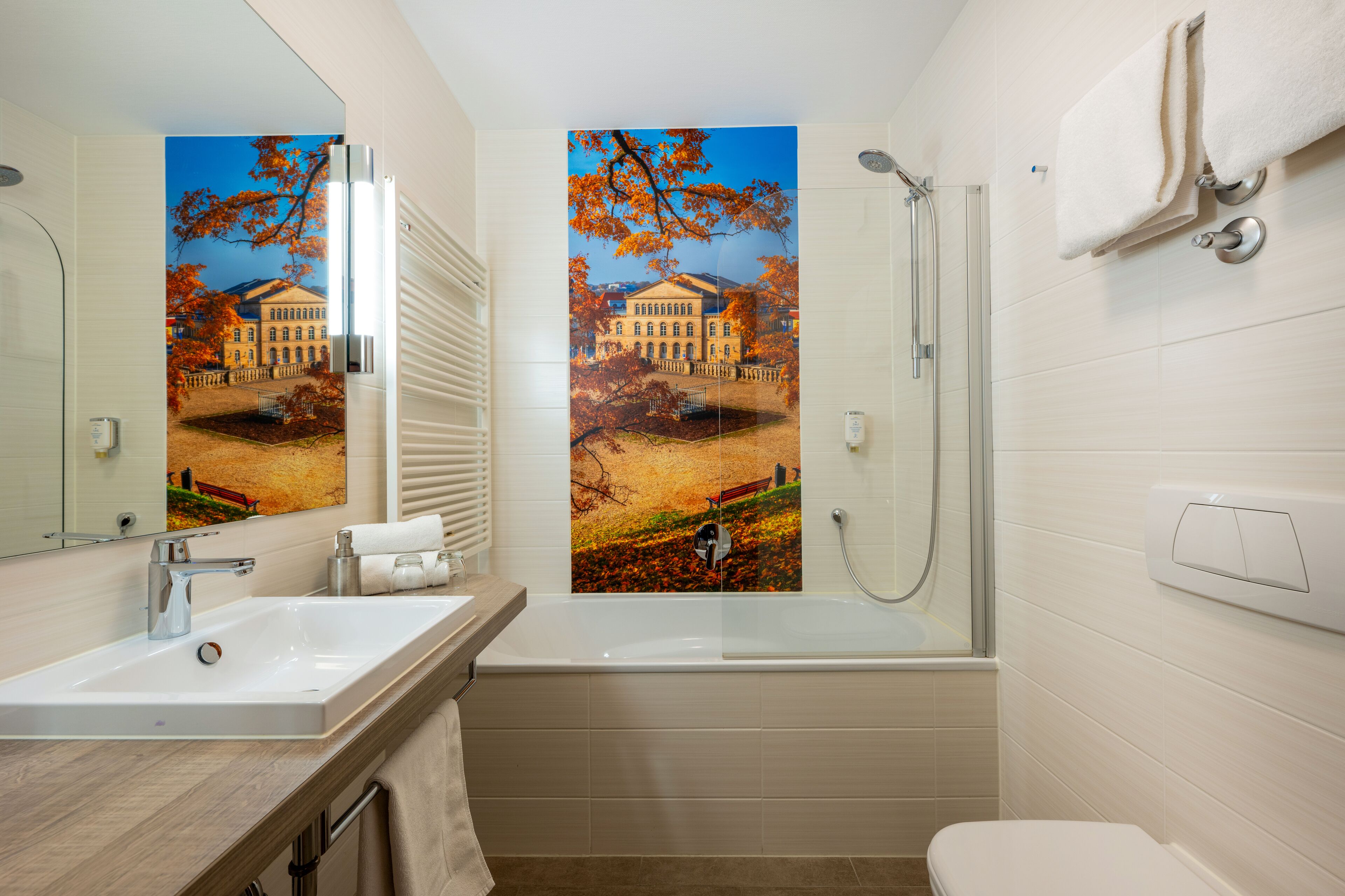 comfort suite | bathroom amenities | hair dryer, towels, soap, shampoo
