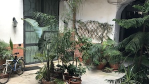A courtyard with potted plants, a bicycle, and a building with a tiled roof and a green door. - La Querencia (Palermo)