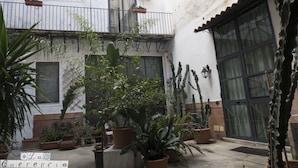 A courtyard with potted plants, a balcony, and a door with a glass panel. - La Querencia (Palermo)