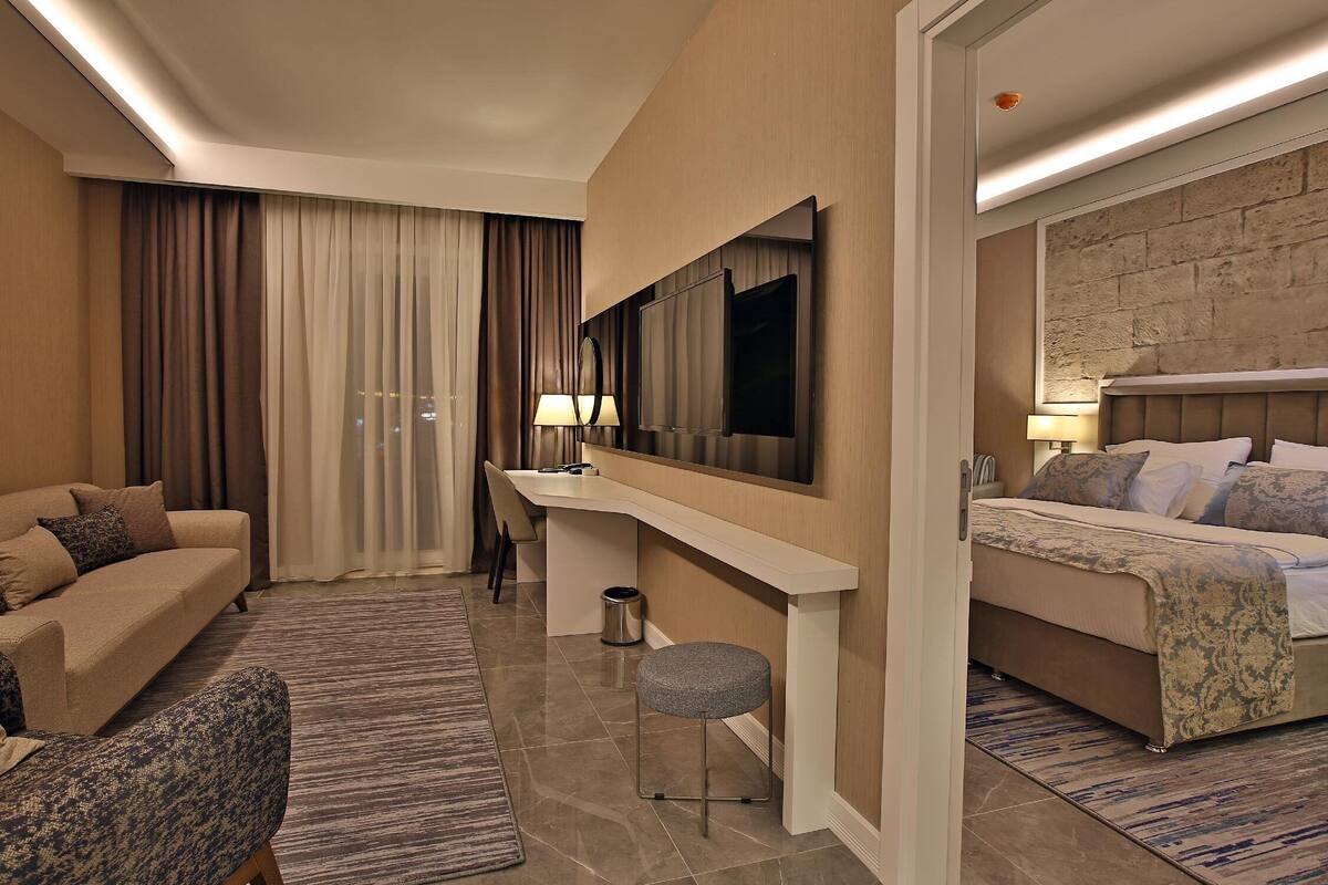 A hotel room with a bed, a sofa, a desk, and a chair.