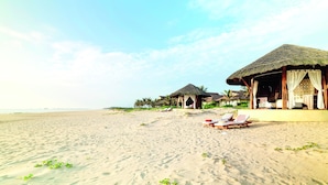 Une plage avec des huttes à toits de chaume, des chaises longues et une rive sablonneuse.