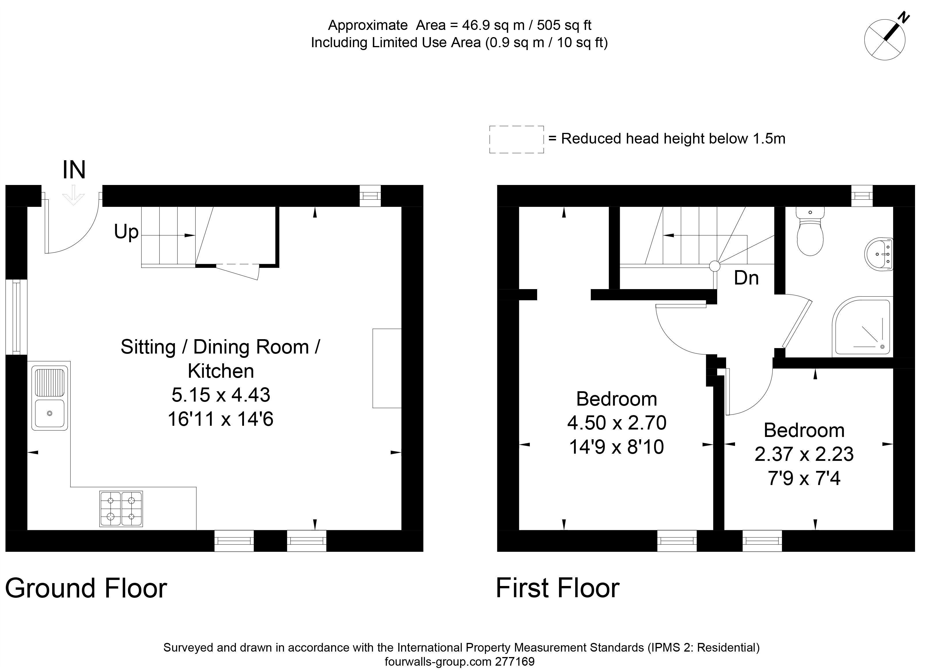 Plano de planta de una propiedad residencial con dos dormitorios, sala de estar/comedor, cocina y un baño.