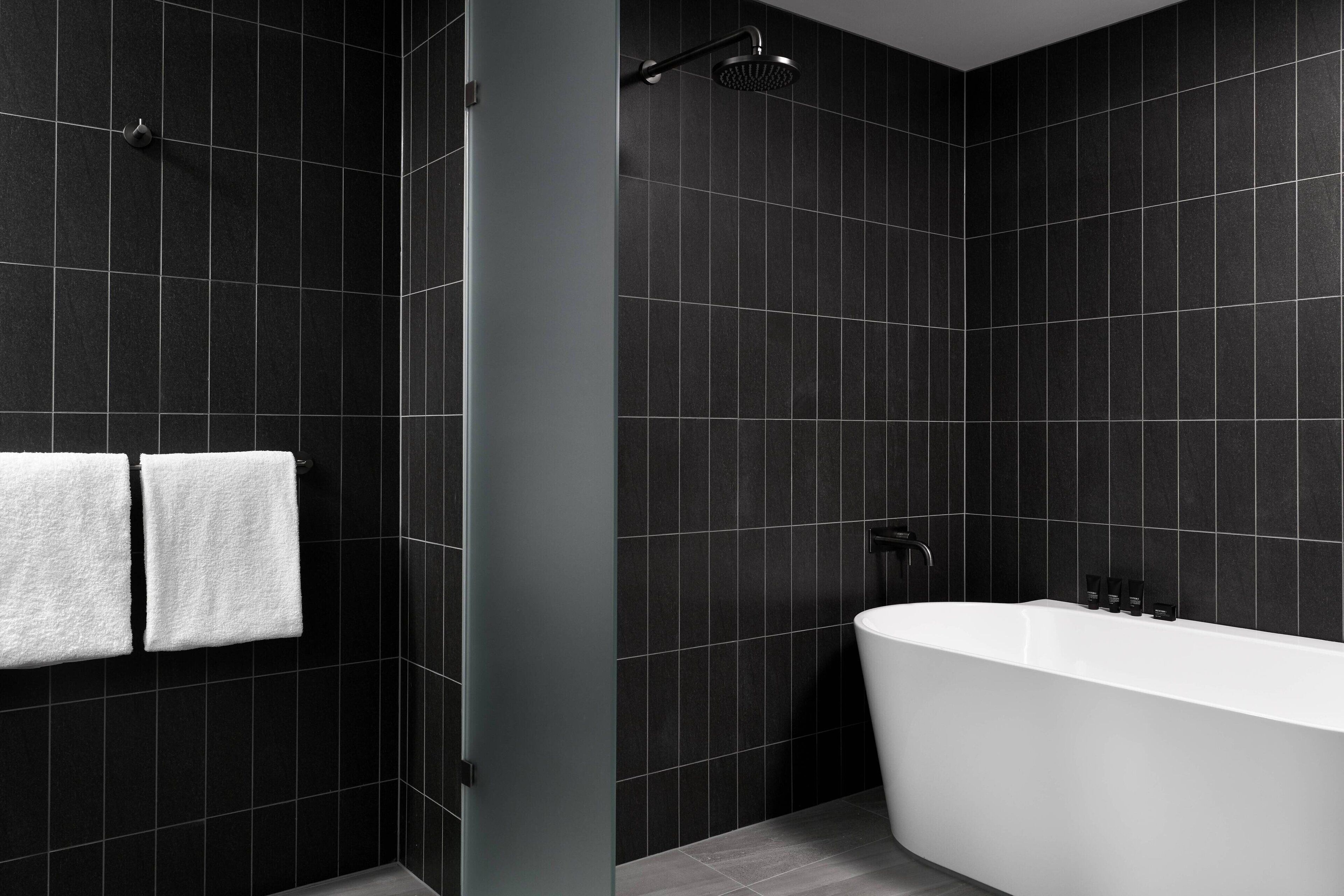 shower, rainfall showerhead, designer toiletries, hair dryer