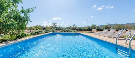 A rectangular swimming pool with clear blue water, surrounded by lounge chairs and a tree on one side.