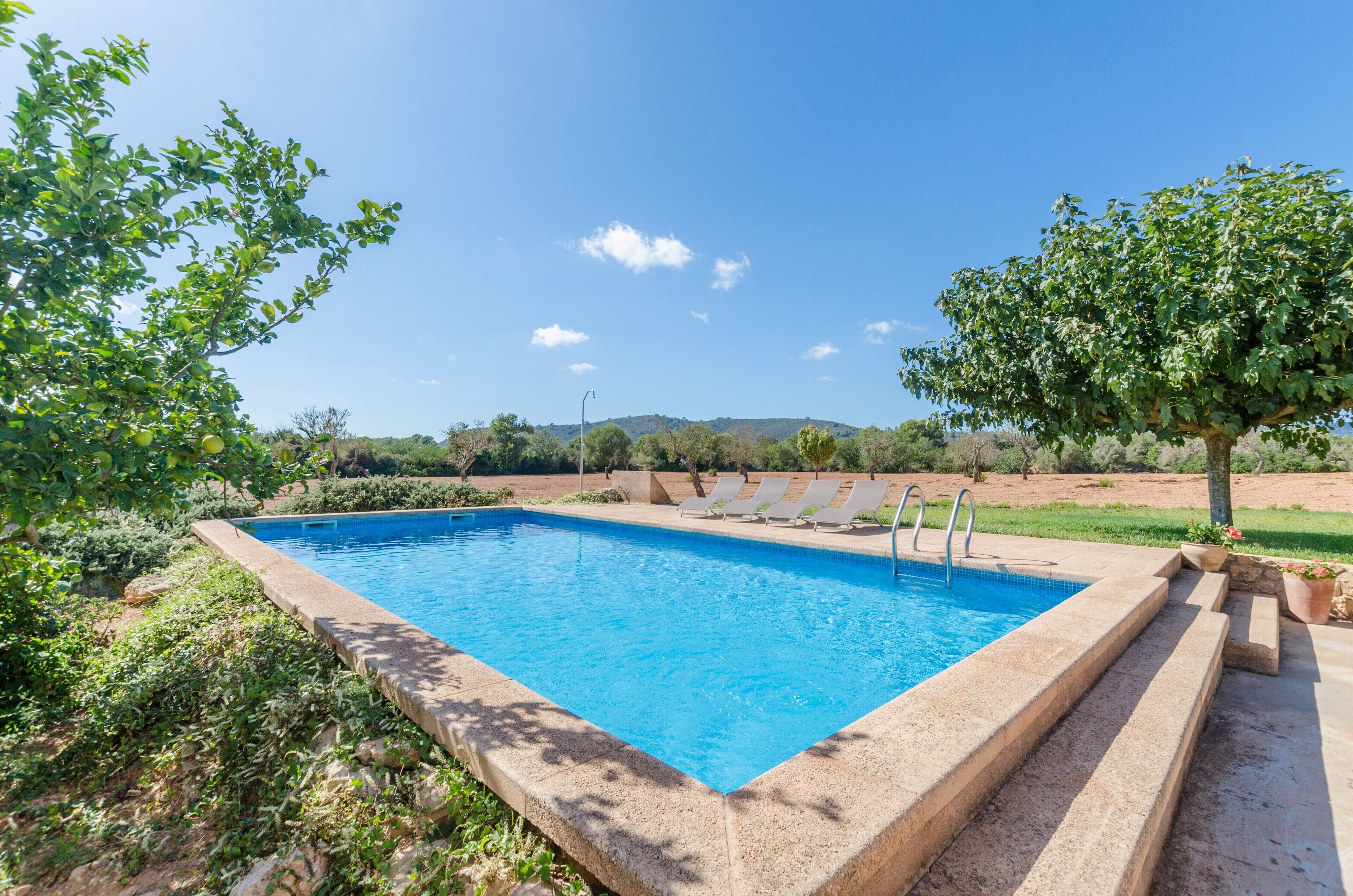 Uma piscina retangular com águas azul-claras, rodeada por uma borda de pedra, e uma fileira de espreguiçadeiras ao longo da borda.