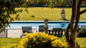 Seasonal outdoor pool, pool umbrellas, pool loungers
