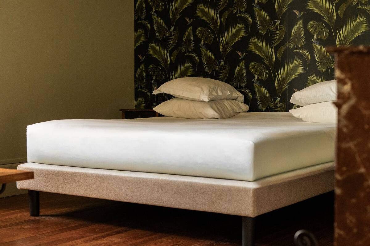 A bed with a white mattress and pillows, a wooden nightstand, and a wall with a leaf pattern.