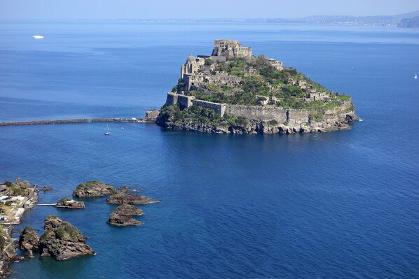 A historic island fortress with a fortified structure and a small settlement, surrounded by calm sea and rocky outcrops. - Charming villa surrounded by greenery- Ischia Porto (Ischia)