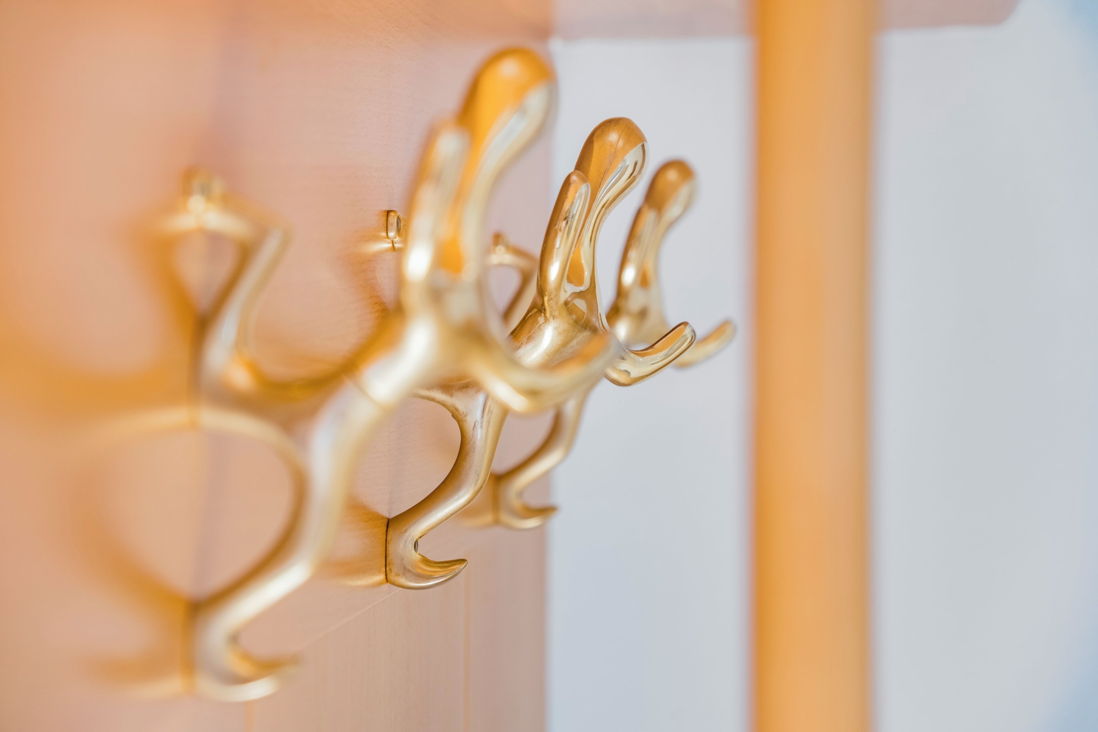 A close-up of a gold-colored, ornate wall-mounted hook.