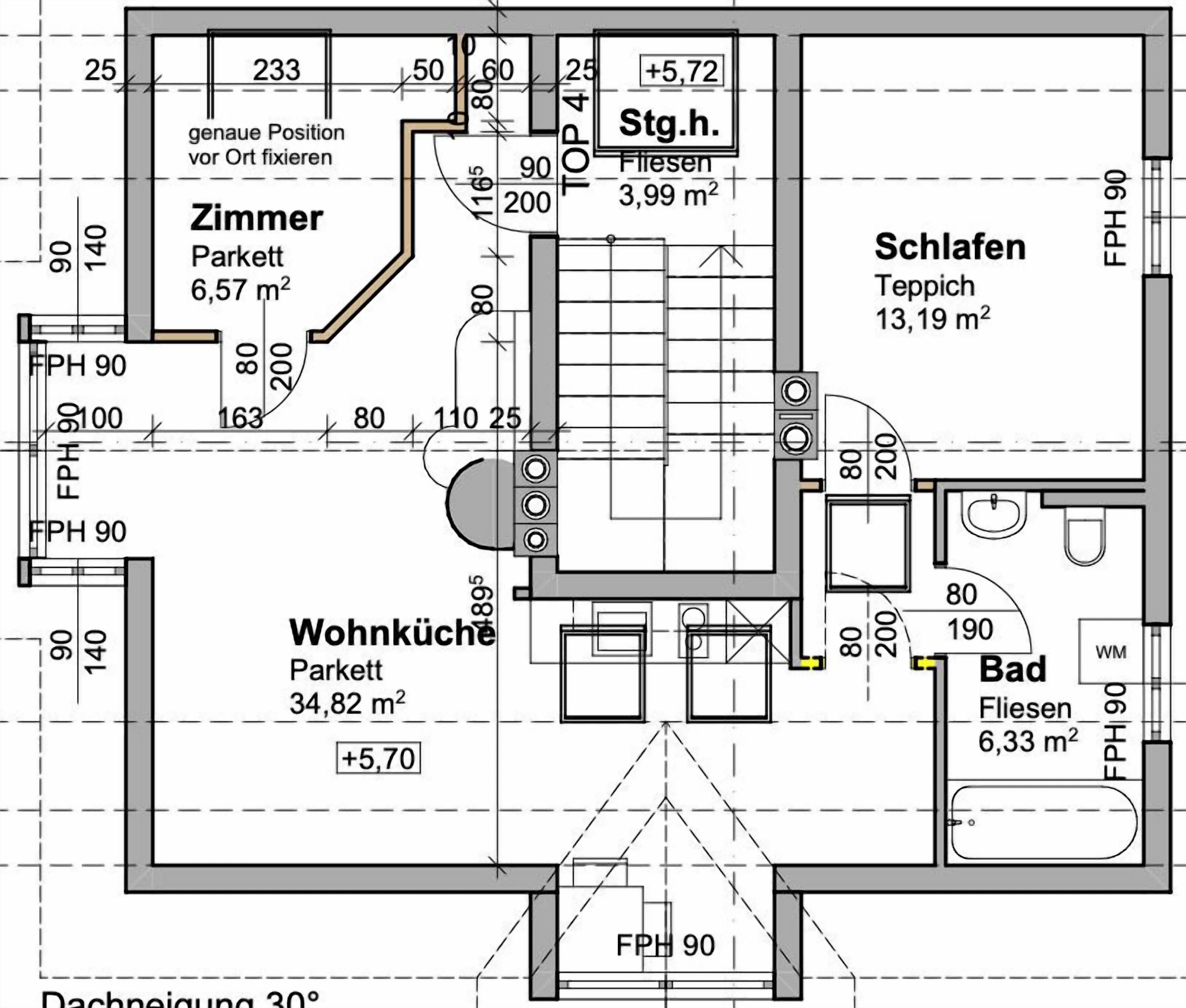 A floor plan of a hotel with a bedroom (13.19 m²), bathroom (6.33 m²), living room (34.82 m²), and a small room (6.57 m²).