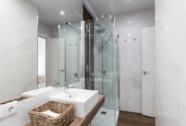 Shower, hair dryer, bidet, towels