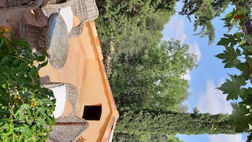 Une terrasse dotée de meubles en osier et offrant une vue sur les arbres et le ciel.