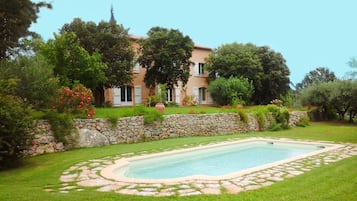 Seasonal outdoor pool, pool loungers