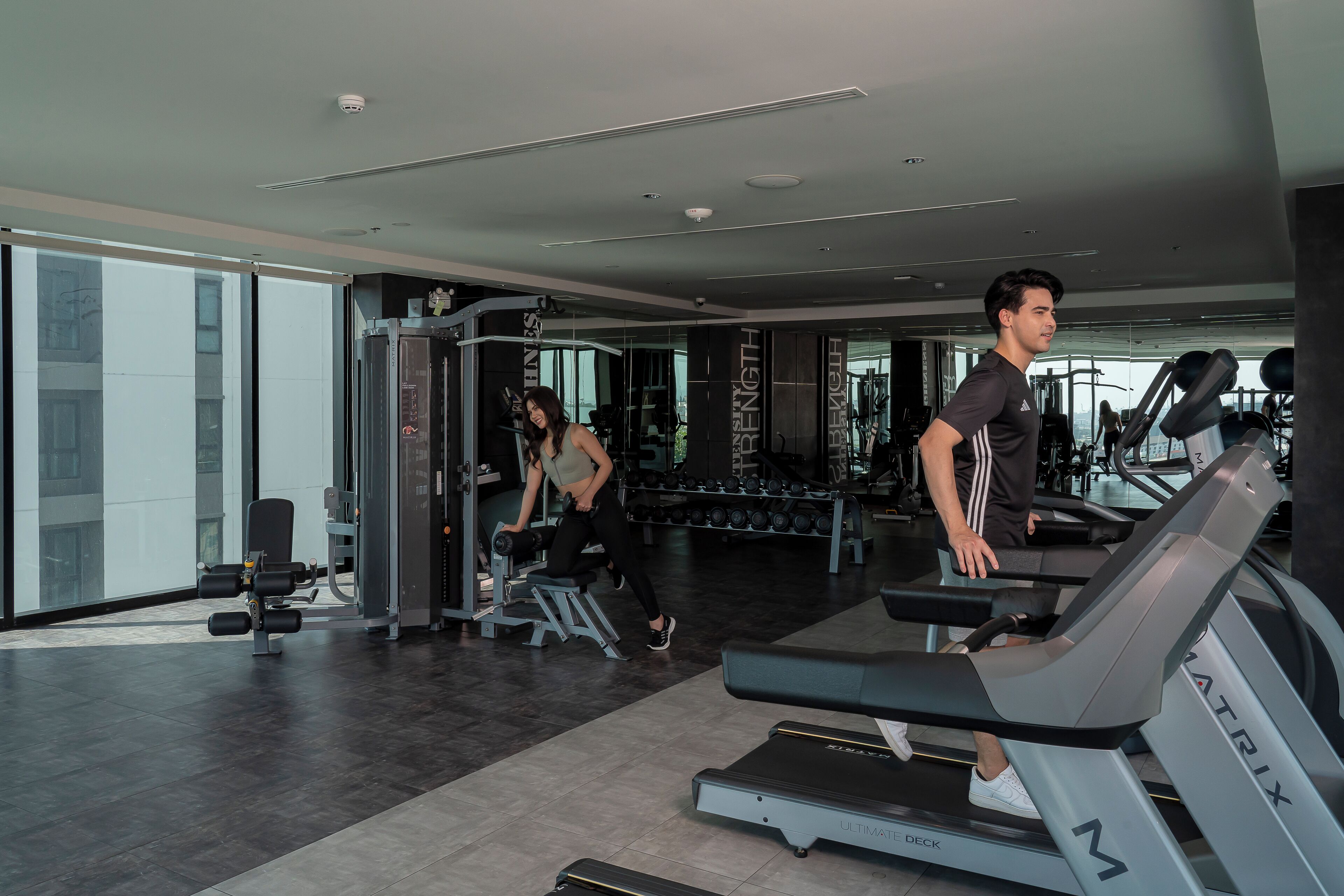 A modern gym with treadmills, weight machines, and a large window providing natural light.