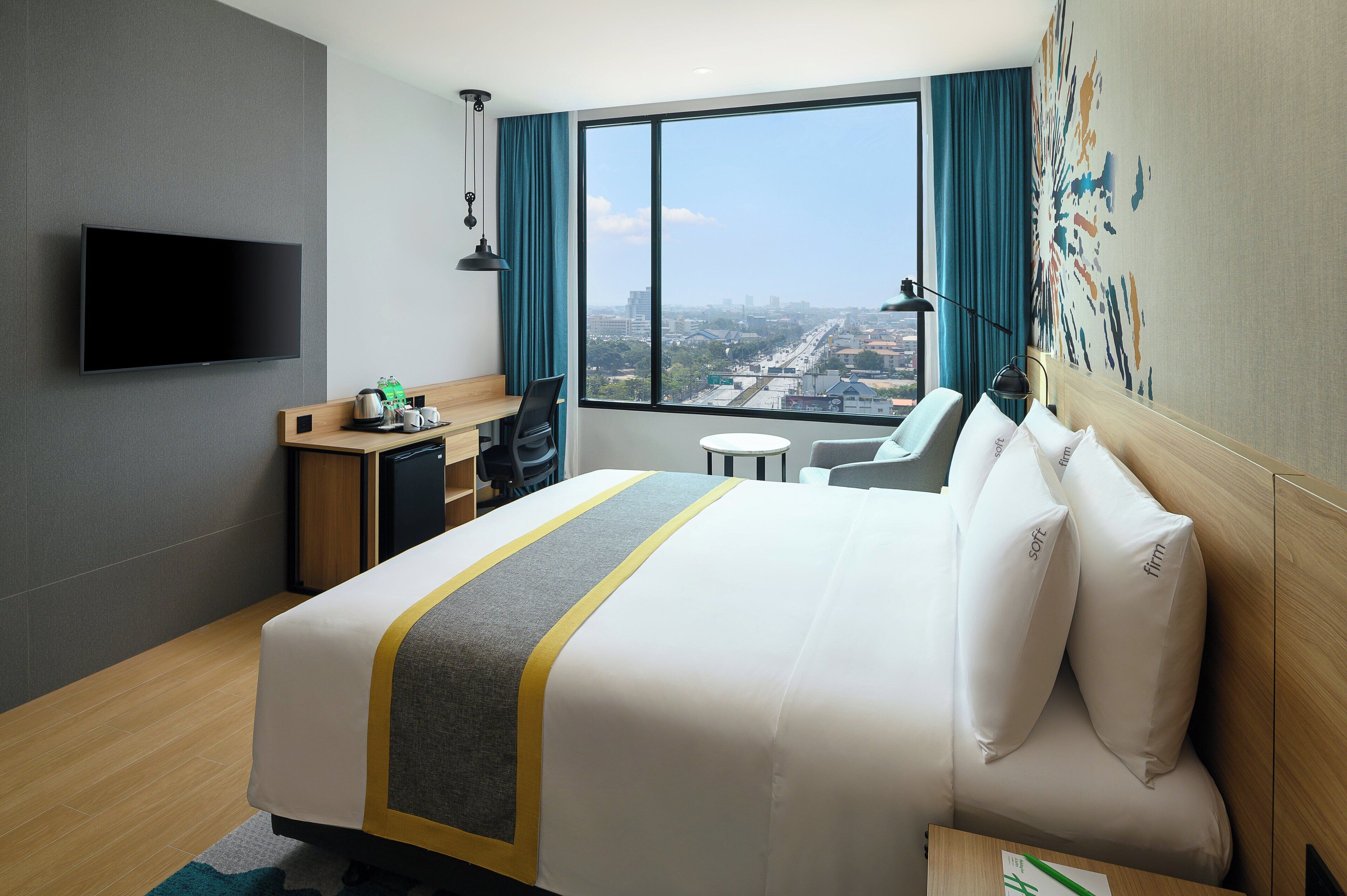 Desk, laptop workspace, blackout curtains, free WiFi