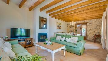 Televisie, een open haard en een dvd-speler