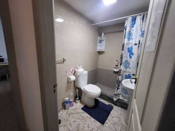 A small bathroom with a toilet, sink, and shower curtain.